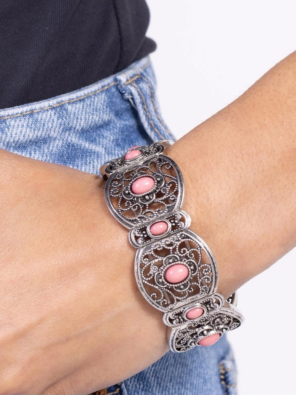 paparazzi Silver-Tone Filigree Bracelet with Pink Stones